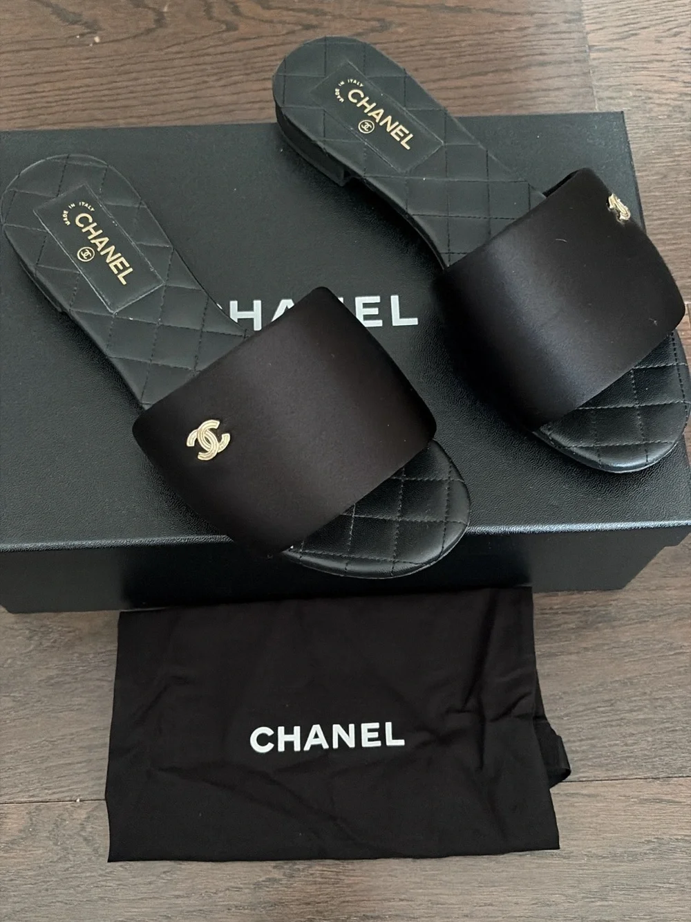 CHANEL Black Satin Quilted Slide Sandals with Gold CC Emblem